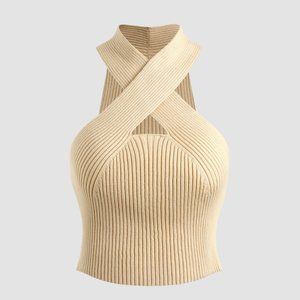 NWT Cider Beige Rib Cross Halter Crop Top - Size Small